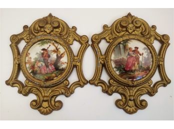 Pair Of Vintage 1936 Gilt Metal Courting Couples Porcelain Wall Plaques