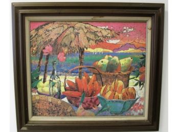 Colorful Vintage Mid Century Expressionist Seaside  Fruit On Table  Oil Painting