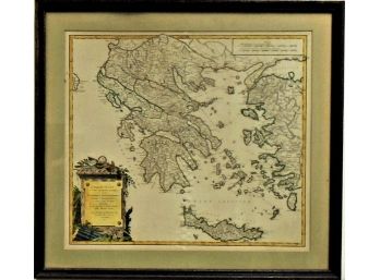 Original Antique 1752 Framed Hand Colored Copper Plate Engraved Map Of Greece