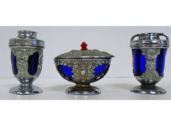 Vintage Cobalt Glass Silver Plate Salt And Pepper Shaker With Salt Bowl Occupied In Japan