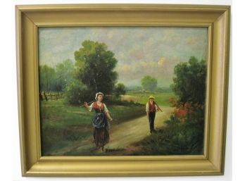 Vintage Pennsylvania Dutch Landscape With Figures Oil Painting Signed Davis