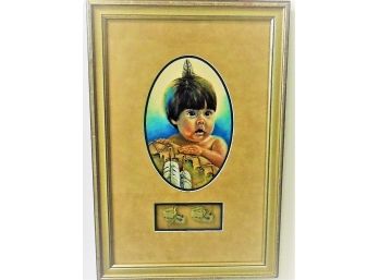 Listed Montana Artist Joanne Flesch Blackfoot Indian Baby Mixed Media Painting With  Baby Moccasins