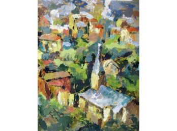 Listed Pennsylvania Artist Edna Gass (1904-1993) Abstract Town With Church Oil Painting