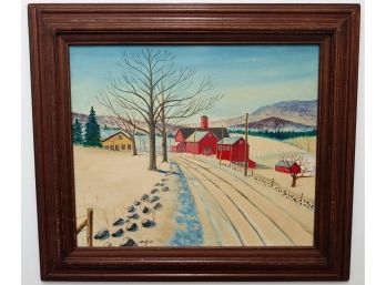 Vintage Naive Folk Art Country Road With Farm Painting Signed English