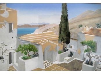 Listed Artist Roger Tourte (1903-1972) Original Watercolor Gouache Painting Greek Island Symi