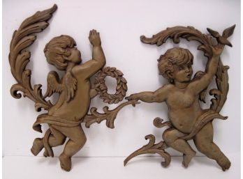 Large Vintage Pair 1967 Mid Century 17' Sexton Gilt Metal Wall Cherubs