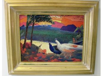 Colorful Vintage Mid Century Expressionist Landscape With Peacocks Painting