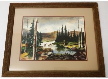 Nice Vintage Wildlife Landscape With River & Deers Watercolor Painting Signed Kisselle