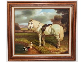 Contemporary Folk Art Horse & Ducks Oil Painting Signed Soriero