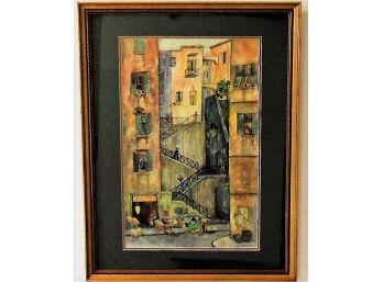 Well Done Vintage English City Scene Watercolor Gouache Painting Signed J Ashe