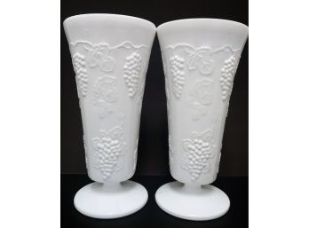 Vintage Pair Indiana Glass Company 10' Colony Harvest Grape/Leaf Milk Glass Pedestal Vases