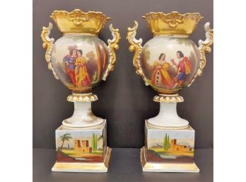 Beautiful Pair Antique 19thc French Hand Painted 15'  Porcelain Urns