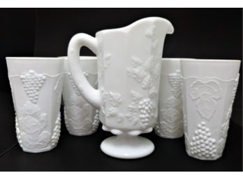 Vintage Westmoreland Grape & Leaf Pattern Milk Glass Pitcher & Glasses