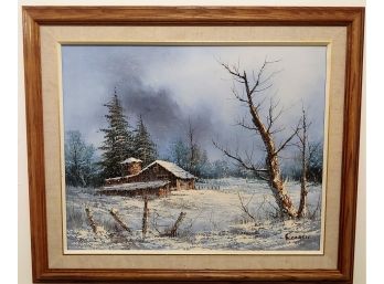 Signed Rosario Winter Snow Landscape Oil Painting  Rustic Barn