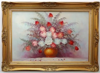 Large Colorful Still Life Bouquet Of Flowers  Signed Oil Painting