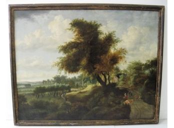 Large Antique Early 19thc Folk Art  Landscape With Figures & Cows Oil Painting