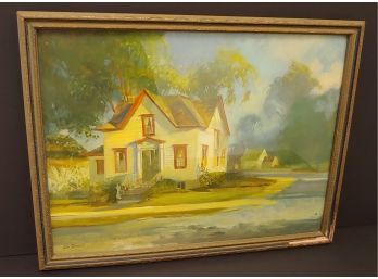 Listed Connecticut Artist Tom Torrenti Oeiginal 'House On Corner' Oil Painting