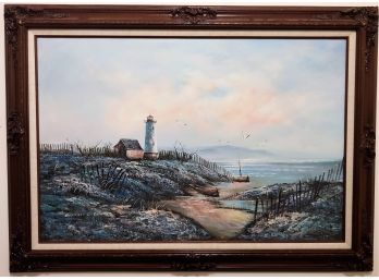 Listed American Artist Everett Woodson Large Coastal Scene With Lighthouse & Seagulls Oil Painting