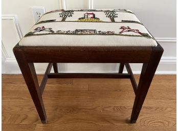 Mahogany Bench With Equestrian Scene Embroidered Seat
