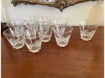 Set Of 10 Running Horses Etched Lowball Tumblers