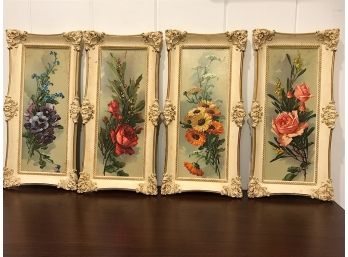 Set Of Four Floral Prints In White & Gold Frames