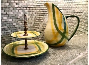 Vernonware Hand Painted Gingham Pattern Pitcher And Stacked Dishes
