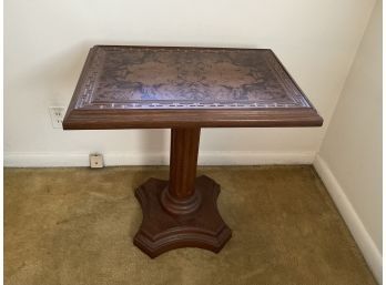 Vintage Faux Wood Pedestal Swivel Top Table W Greek Key Border