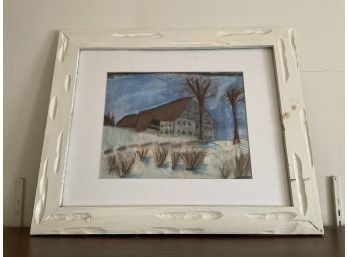 Vintage Pastel Painting In Rustic Painted Wood Frame