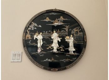 Large Circular Black Lacquer Mother Of Pearl, Hand Painted Chinese Wall Art