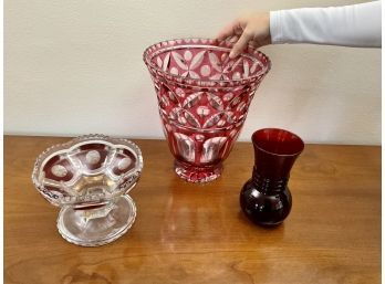 Vintage Mid- Century Large Bohemian Glass Vase, Footed Candy Dish & Ruby Colored Glass Vase