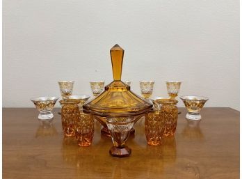 Vintage Amber Glassware -  Candy Dish W Lid & Cordial Glasses