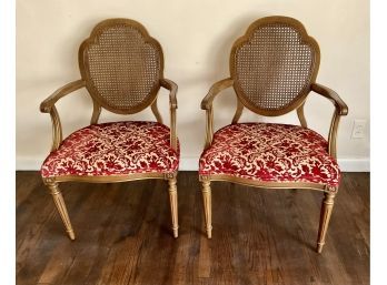 Vintage Statesville Chair Company Cane Back Upholstered Open Armchairs - A Pair