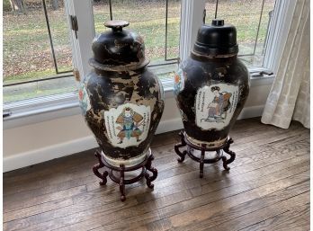 Antique Chinese Polychrome Lidded Floor Vases On Rosewood Stands - A Pair