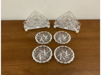 Cut Crystal Napkin Holders & Round Crystal Coaster Set Of 4