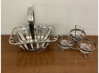 Vintage Mid- Century Metal And Glass 3-Bowl Snack Serving Stand & A Silver Tone Metal Basket W Handle