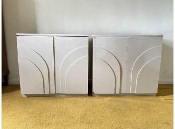 Vintage 1980s Art Deco Revival White Lacquered 2- Door, 3- Drawer Nightstands- A Pair