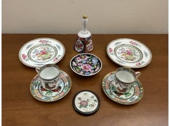 Collection Of Vintage Porcelain- Hand Held Bell, Plates, Coaster, Saucers & Cups