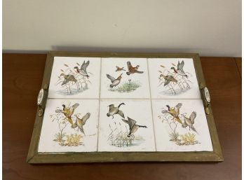 Vintage Brass Serving Tray W Duck Tile Top