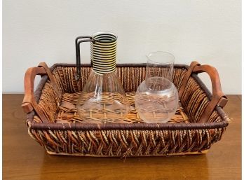 Vintage Rectangular Basket W Wooden Handles & 2 Carafes