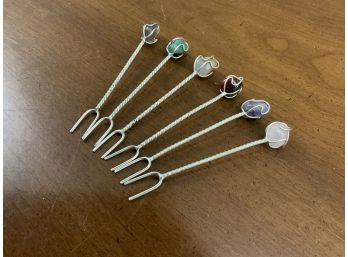 Set Of 6 Mid- Century Semi- Precious Stone Cocktail Forks