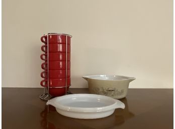 Set Of 6 World Market Jumbo Red Stacking Mugs, 2 Vintage Pyrex Forest Fancies Mushrooms Mixing Bowls & More