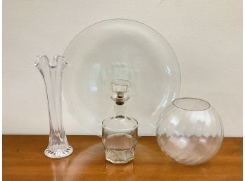 Two Vintage Glass Vases, Decanter & A Monogrammed Acrylic Tray