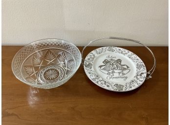 Vintage Norcrest Fine China 25th Anniversary Cake Plate W Handle And A Cut Crystal Bowl