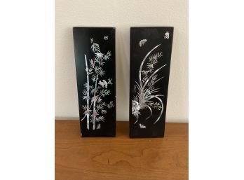 Asian Black Lacquer Panels W Mother Of Pearl Inlay - A Pair