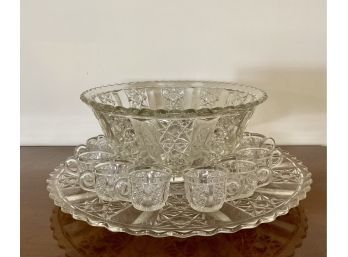 Vintage Grande Star Design Glass Punch Bowl, Under Plate/ Platter & 12 Cups