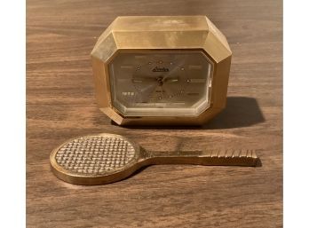 Vintage Linden Desktop Clock And A Tennis Racquet Paperweight