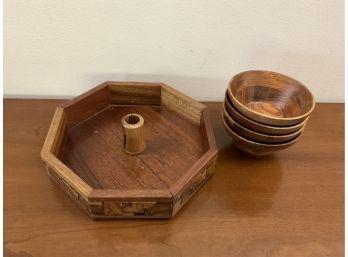 Vintage Israeli Octagon Olive Wood Mosaic Serving Tray & 4 Snack Bowls