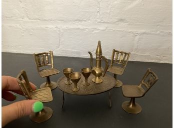 Vintage Miniature Solid Brass Table, Chairs, Teapot Genie & Goblets Set