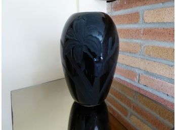 Vintage  Black On Black Artist Glass Vase - Signed
