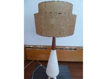 Mid Century Modern Splatter Ceramic And Teak Lamp With Two Tier Fiberglass  Shade